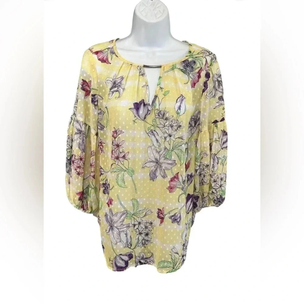 Women’s Small Swiss Dot‎ SHEER Yellow Floral Blouse Keyhole Cottagecore Tropical